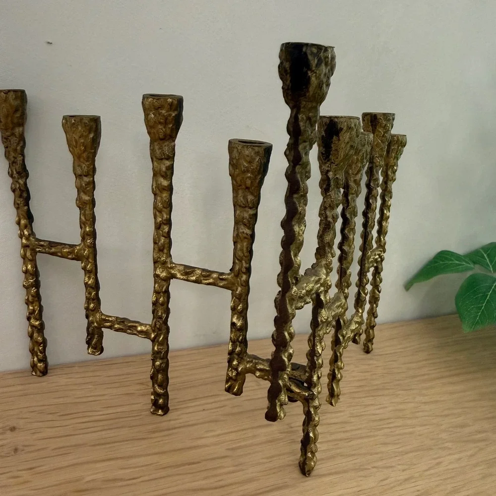 Vintage Brutalist Gold Metal Folding Menorah Candelabra Mid Century Modern 9 Arm